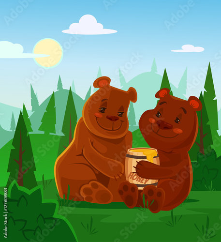 Bears characters eating honey. Vector flat cartoon illustration