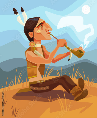 Indian shaman chief character smoking pipe of peace. Vector flat cartoon illustration