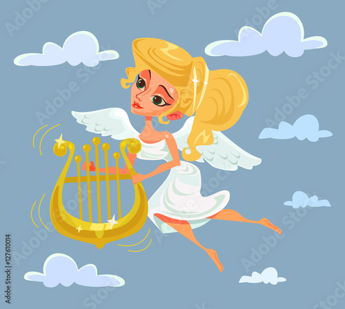 Greek muse character playing harp. Vector flat cartoon illustration