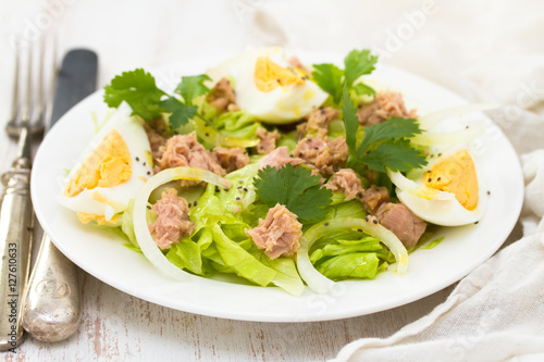 Wallpaper Mural frsh salad with tuna and boiled egg on white plate Torontodigital.ca