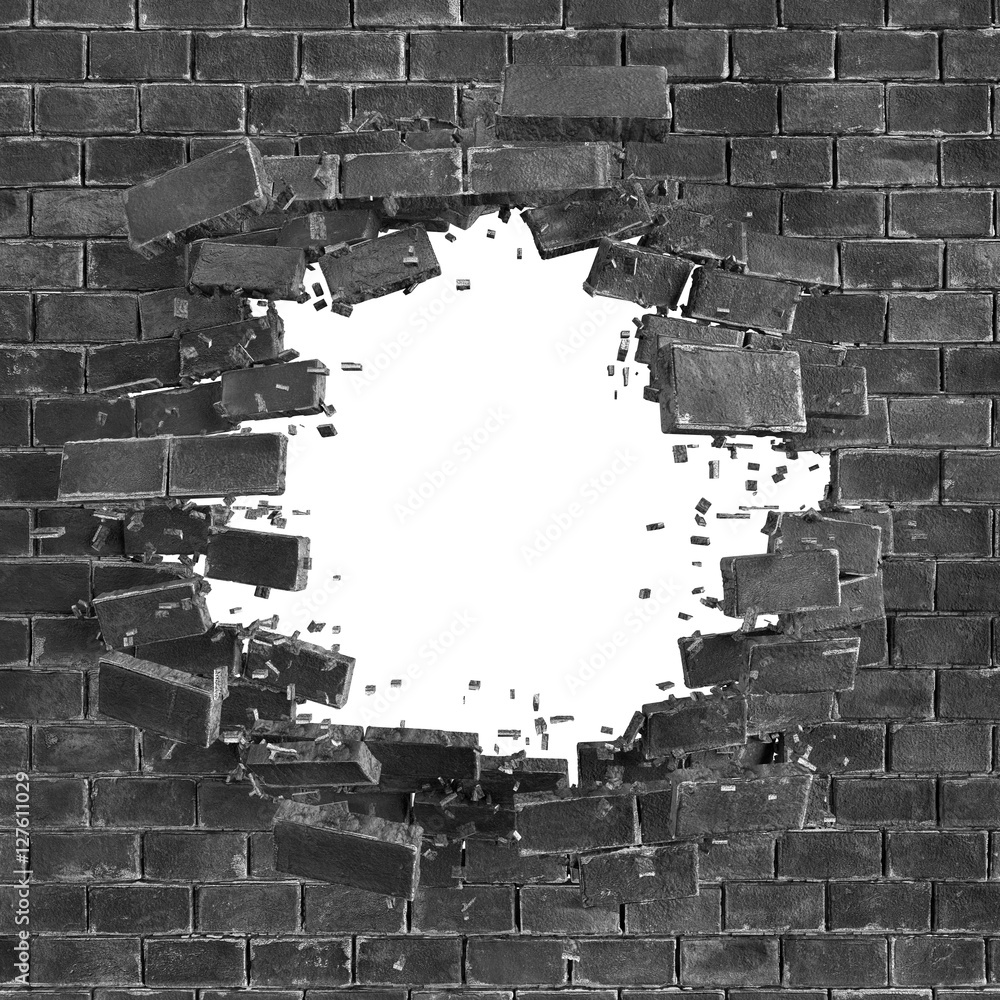 Obraz premium 3d render, digital illustration, abstract broken black brick wall background, hole isolated