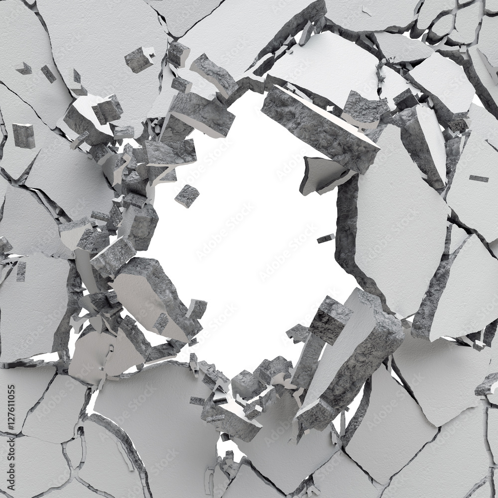 Naklejka premium 3d render, digital illustration, abstract broken wall, cracked concrete, destroyed blocks, black hole