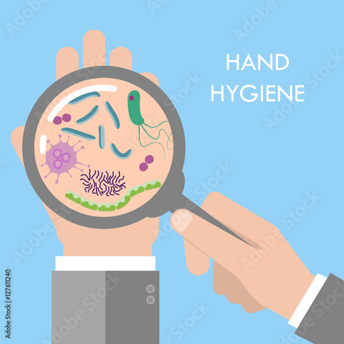 Hand germs under magnifier glass