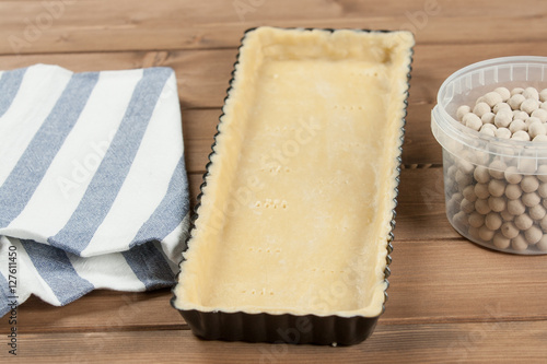 Cooking Process Of Homebaked Tart. Raw Dough In Baking Tray. Cer