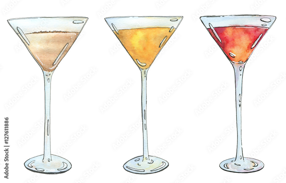 hand drawn set of watercolor cocktails on white background