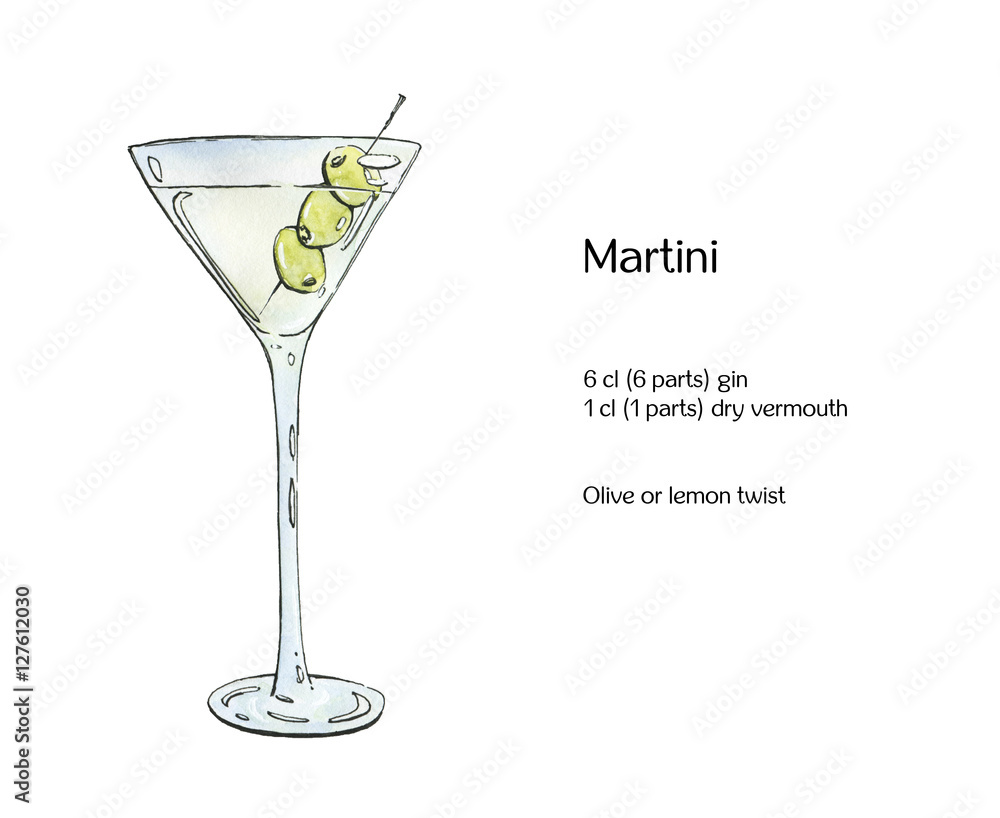 hand drawn watercolor cocktail Martini with olives on white back hand drawn watercolor cocktail Martini with olives on white back