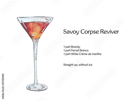 hand drawn watercolor cocktail Savoy Corpse Reviver on white bac photo