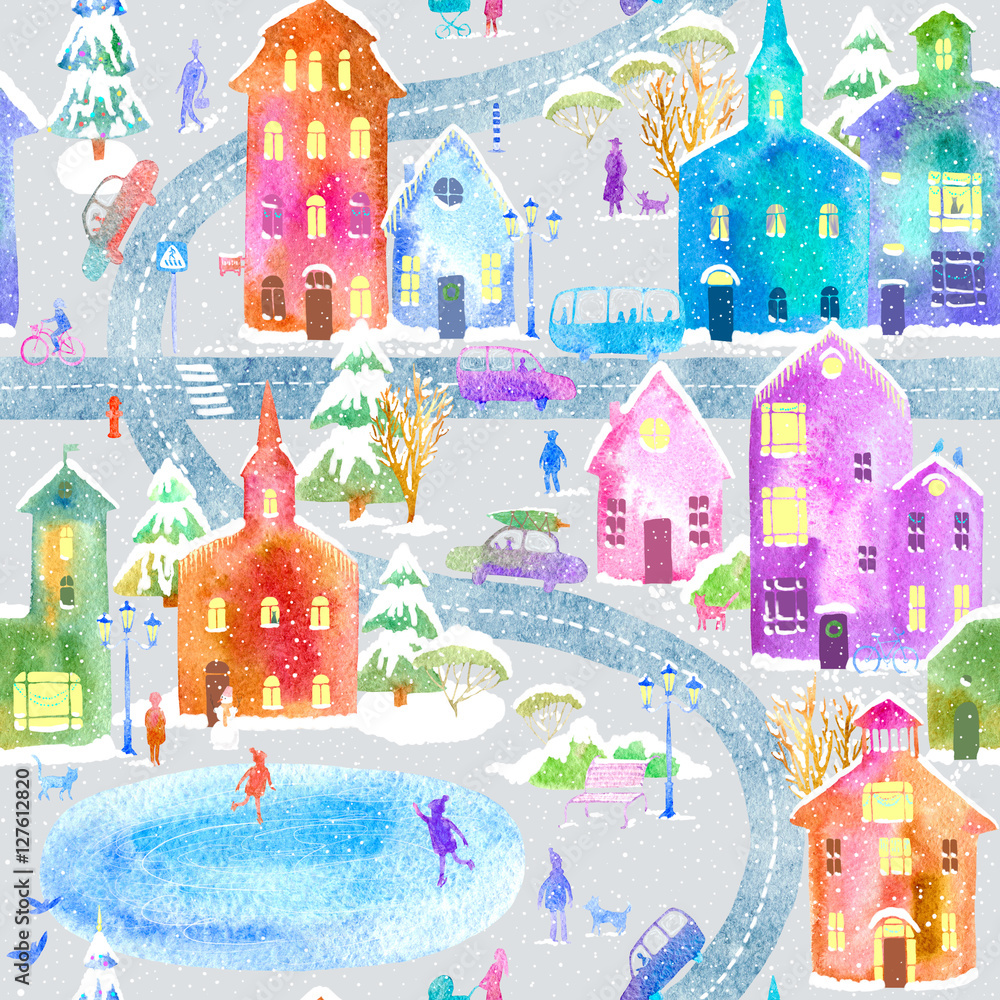 Seamless pattern with winter city map,road,park and lake.Christmas illustration.Colorful snow house.Urban life postcard. Watercolor hand drawn illustration.Grey background.