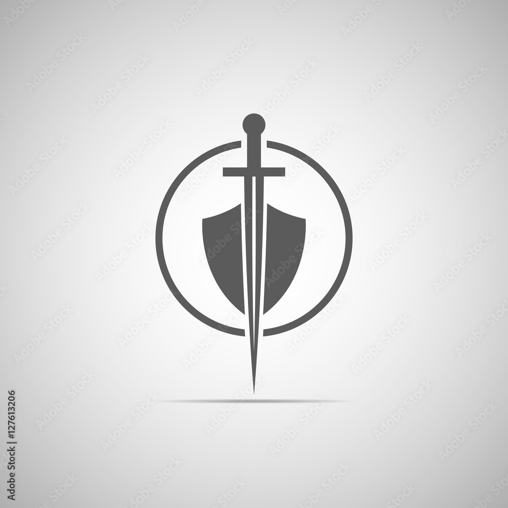 Abstract illustration - shield and sword icon with shadow Abstract illustration - shield and sword icon with shadow