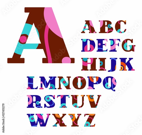 English alphabet, abstract, circles, colorful, vector font. Brown and blue capital letters of the English alphabet with orange, pink and green circles. Letters with serifs. An abstract pattern. 