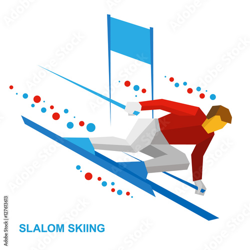 Winter sports - slalom skiing. Cartoon skier with patterns running downhill. Sportsman ski slope down from the mountain. Flat style vector clip art isolated on white background.