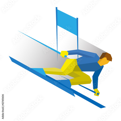Winter sports - slalom skiing. Cartoon skier with patterns running downhill. Sportsman ski slope down from the mountain. Flat style vector clip art isolated on white background.