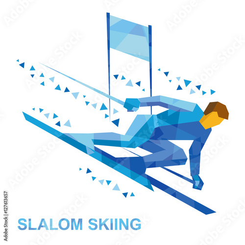 Winter sports - slalom skiing. Cartoon skier with patterns running downhill. Sportsman ski slope down from the mountain. Flat style vector clip art isolated on white background.