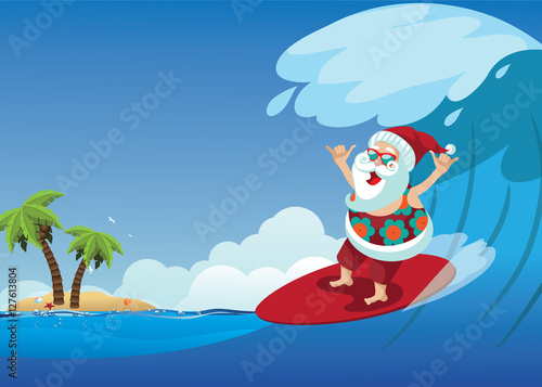 Cartoon Santa Claus surfing a gnarly wave while giving the shaka hand sign. Background with copy space for tropical Christmas or after Christmas. EPS 10 vector.
