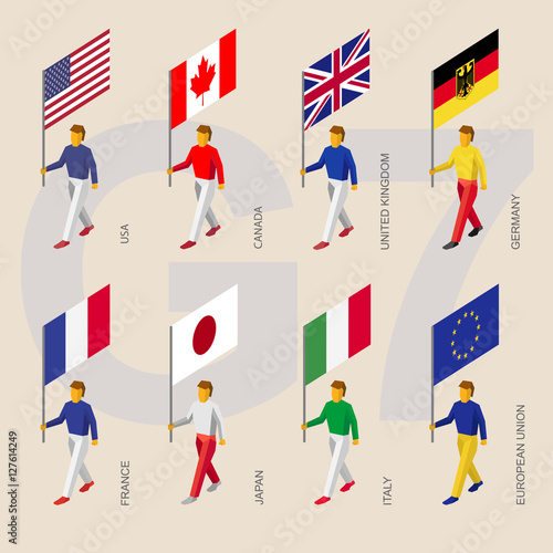 Set of isometric 3d people with flags of Group of Seven (G7) and European Union. Standard bearers infographic - USA, Canada, United Kingdom, Germany, France, Japan, Italy, EU.