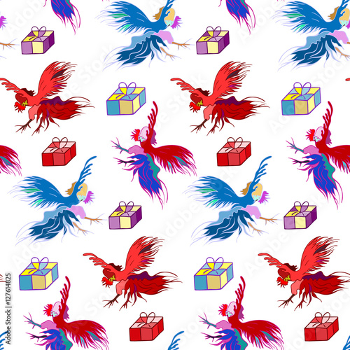Silhouette of a rooster .  Cock sketch, hand drawing. Symbol of New Year 2017. Illustration for a  wrapping paper,  wallpaper. Christmas background. Seamless vector pattern.