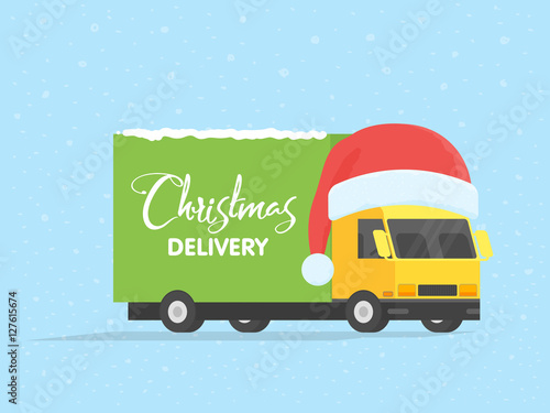 Delivery vector transport truck, van with gift box pack