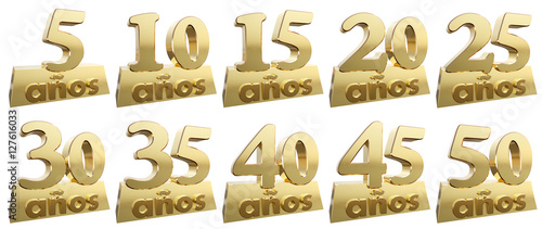 Set of golden digits on a gold ingot for the anniversary. Translation from Spanish - Years. 3d illustration