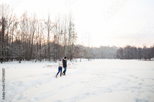 Winter vacation in christmas day, cold xmas weather with white snow and lovely couple © Wedding photography