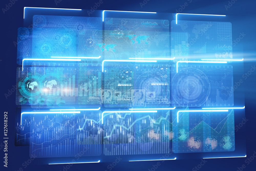 Many screen monitors with charts and graphs Many screen monitors with charts and graphs
