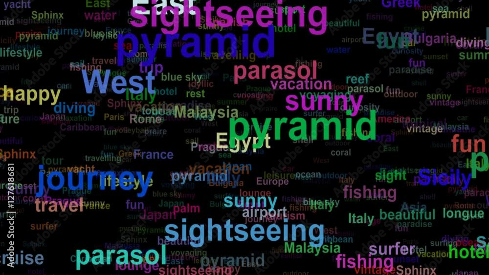 Travel concept words moving UP, seamless loop Travel concept words moving UP, seamless loop