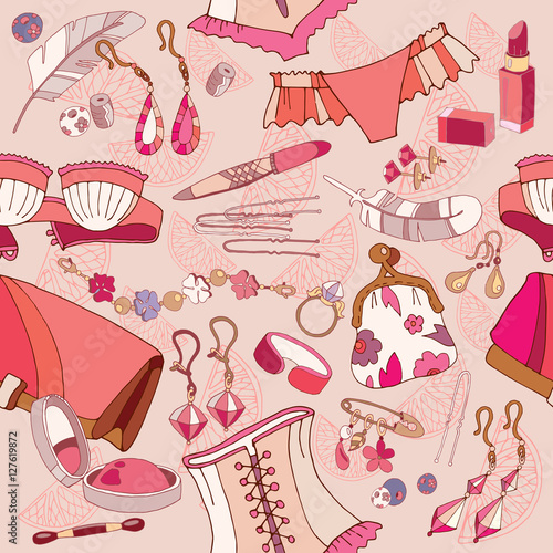 Woman fashion accessories seamless pattern, cosmetics, jewelry