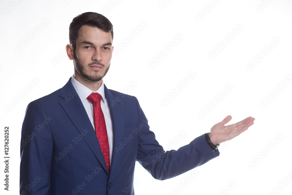 Caucasian businessman with hand presentation Caucasian businessman with hand presentation