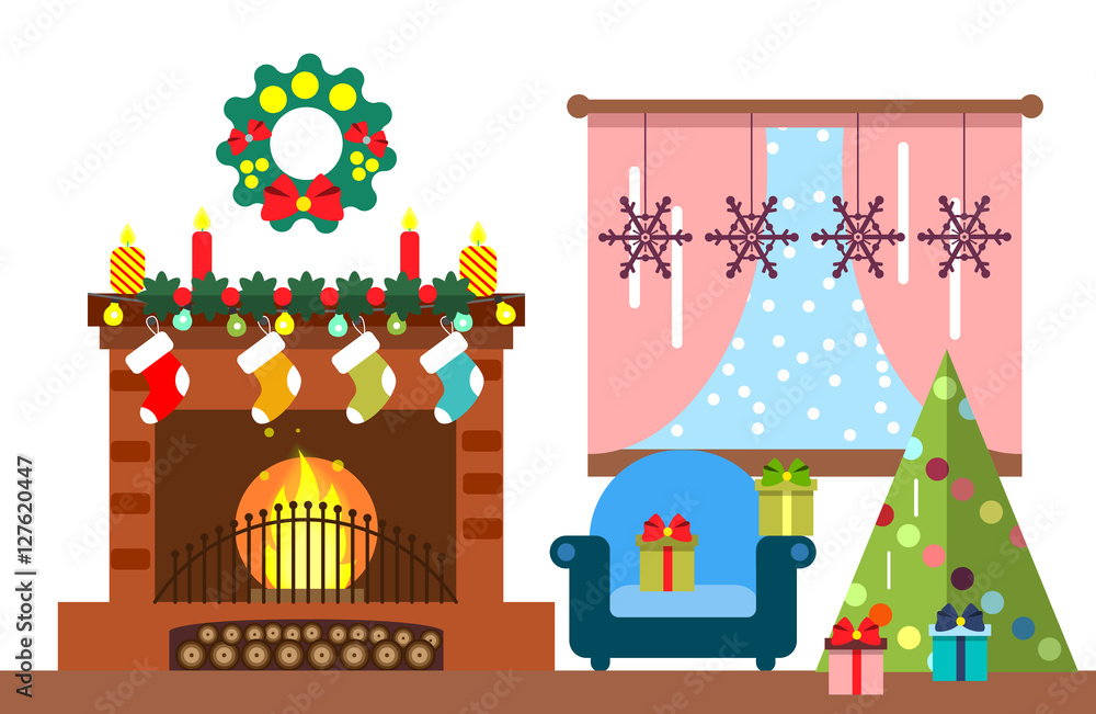 Fototapeta premium Christmas room interior. Christmas tree and decoration. Gifts and fireplace. Flat style vector illustration.