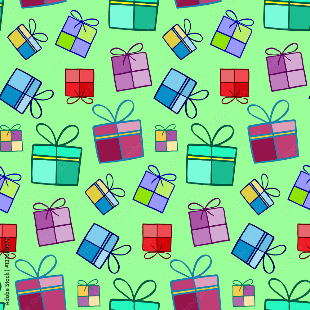 Christmas background. Boxes for gifts. Illustration for a wrapping paper, wallpaper. Elements for winter holiday card. Green background. Seamless vector pattern.. Christmas background. Boxes for gifts. Illustration for a wrapping paper, wallpaper. Elements for winter holiday card. Green background. Seamless vector pattern..