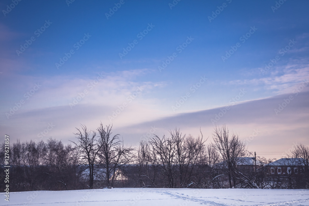 Idyllic winter landscape at sunset in countryside with moody sky and snow field Idyllic winter landscape at sunset in countryside with moody sky and snow field