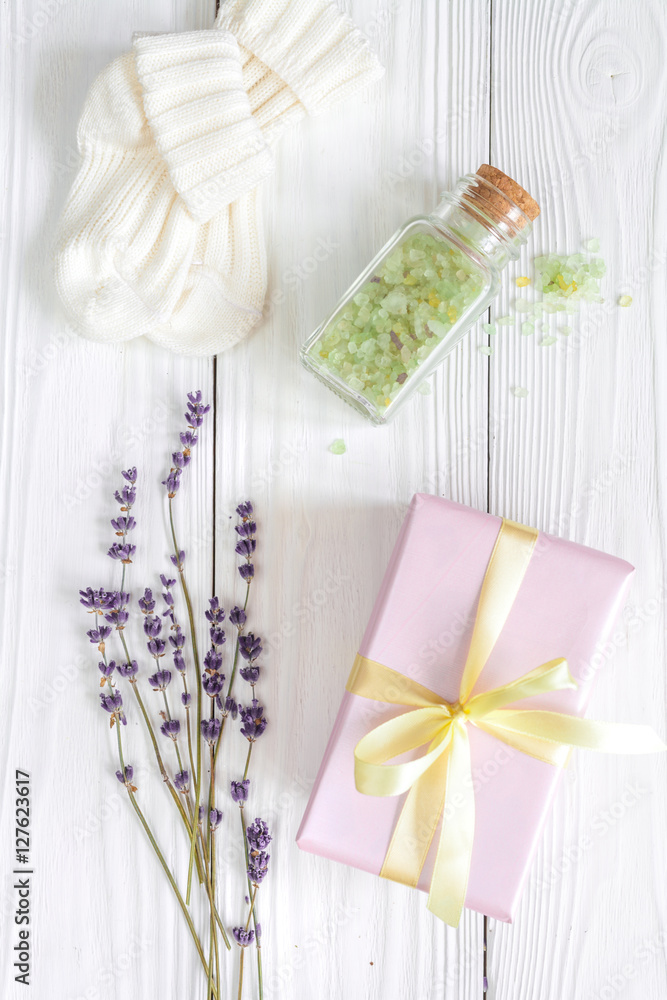 baby bath salt with lavender on wooden background baby bath salt with lavender on wooden background