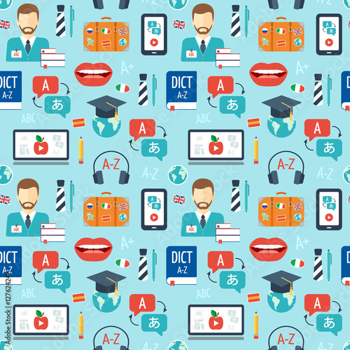 Foreign language learning seamless pattern. Flat design. Blue background. Vector