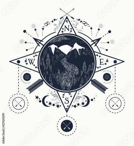 Mountain wind rose compass tattoo art. Travel, adventure