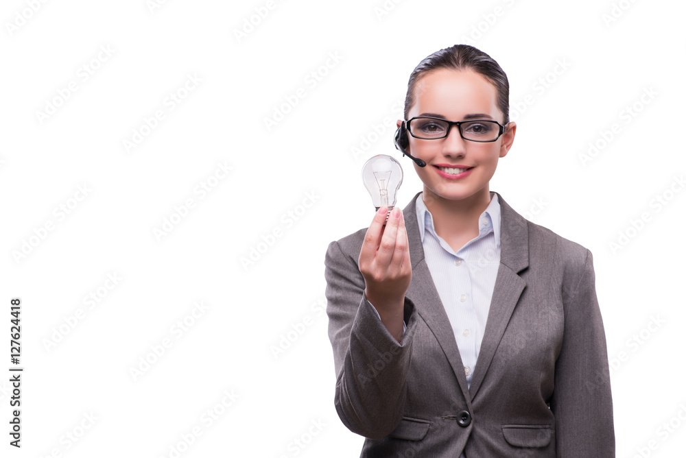 Call center operator with light bulb isolated on white Call center operator with light bulb isolated on white