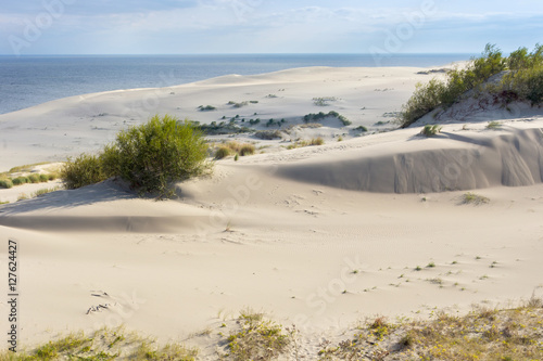 Sand dunes of the russian part Curonian Spit in autumn. It is a 98 km long curved sand-dune spit that separates the Curonian Lagoon from the Baltic Sea coast. It is a UNESCO World Heritage Site.