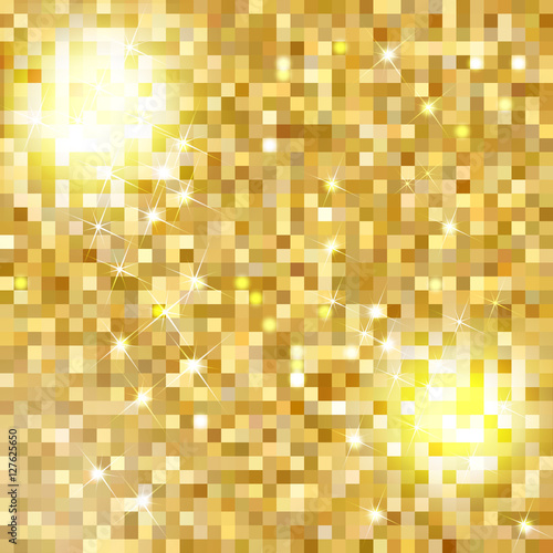 Glittering Gold Texture for your design. Seamless vector pattern in the form of a pebble like golden dust. Golden metallic small figures. Geometric seamless pattern. Vector illustration.