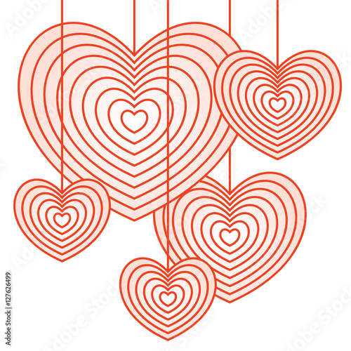 Hearts hanging down. Imitation of Christmas balls. Decoration for Valentine's day card. Vector illustration