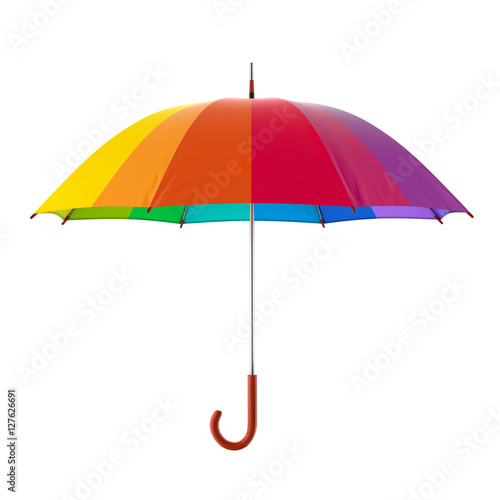 Colorful rainbow umbrella isolated on white background. 3D illustration .