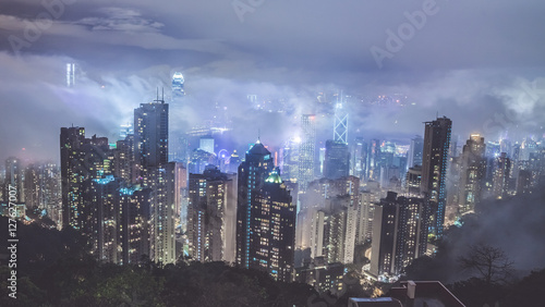 Hong Kong at night. Night view from famous view point Victoria Peak,