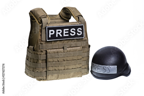 Canvastavla Body armor and helmet for journalis isolated/Bulletproof vest and helmet with in
