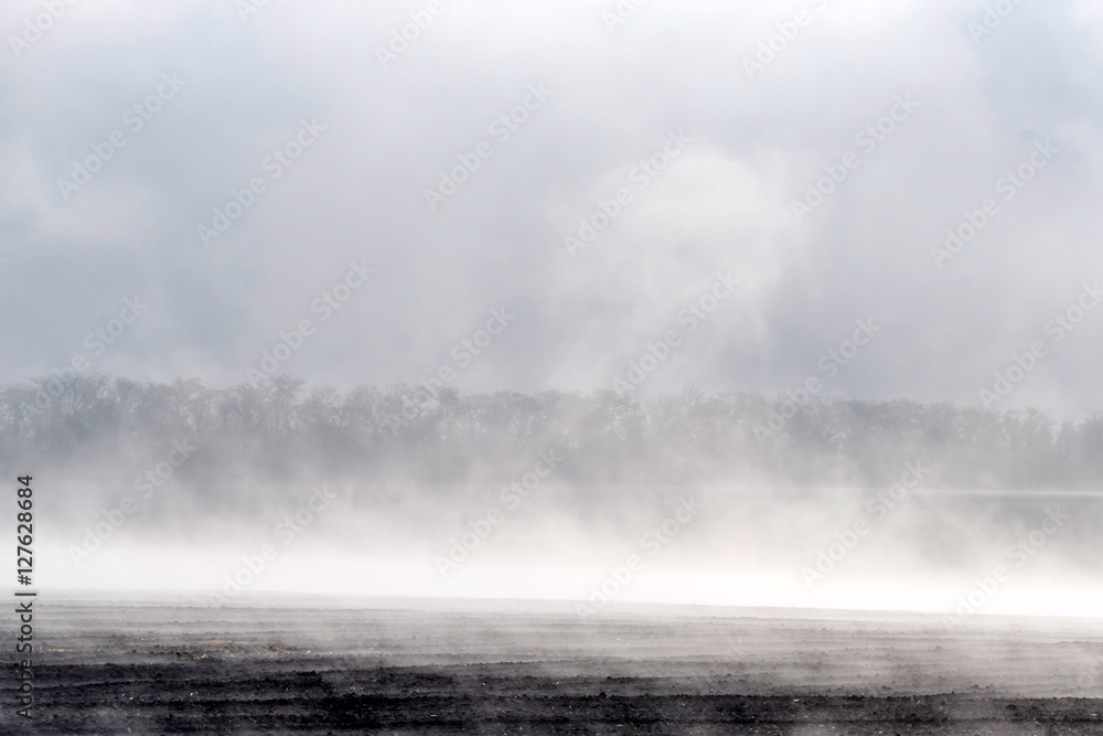 Morning fog over freshly plowed field