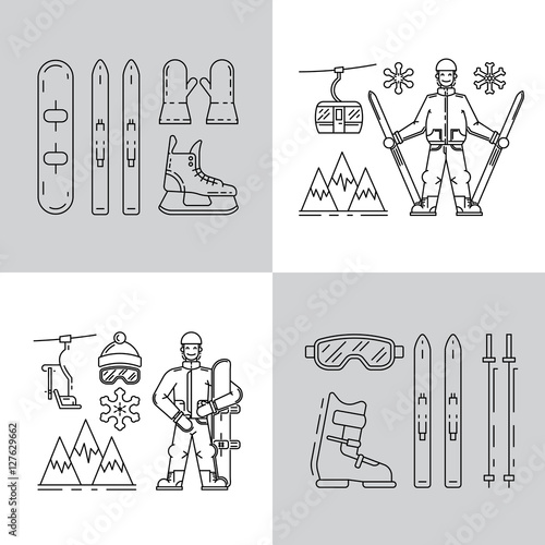 Vector linear icons set of symbols denoting the various types of winter recreation and pastimes such as skiing, snowboarding, skating. The types of winter recreation.