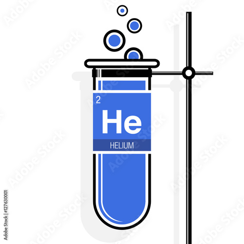 Helium symbol on label in a blue test tube with holder. Element number 2 of the Periodic Table of the Elements - Chemistry