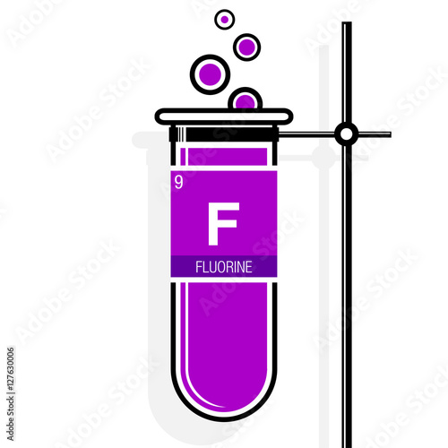 Fluorine symbol on label in a magenta test tube with holder. Element number 9 of the Periodic Table of the Elements - Chemistry