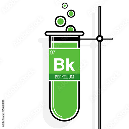 Berkelium symbol on label in a green test tube with holder. Element number 97 of the Periodic Table of the Elements - Chemistry