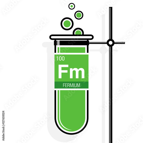 Fermium symbol on label in a green test tube with holder. Element number 100 of the Periodic Table of the Elements - Chemistry