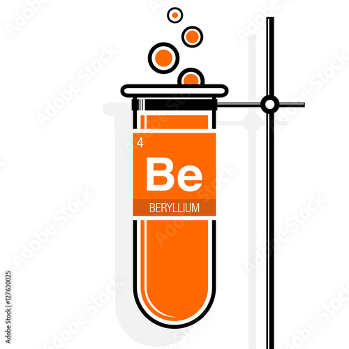 Beryllium symbol on label in a orange test tube with holder. Element number 4 of the Periodic Table of the Elements - Chemistry