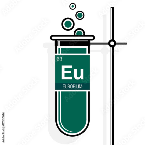 Europium Symbol on label in a green test tube with holder. Element number 63 of the Periodic Table of the Elements - Chemistry
