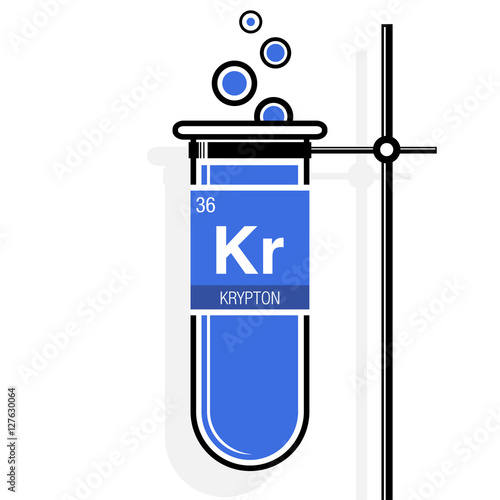 Krypton symbol on label in a blue test tube with holder. Element number 36 of the Periodic Table of the Elements - Chemistry