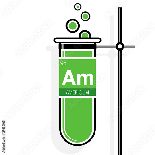 Americium symbol on label in a green test tube with holder. Element number 95 of the Periodic Table of the Elements - Chemistry